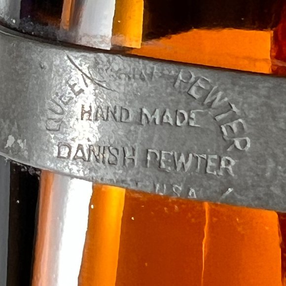 Vtg Queens\'s Art Scotch Decanter Bottle Danish Pewter Amber Glass Brooklyn NY